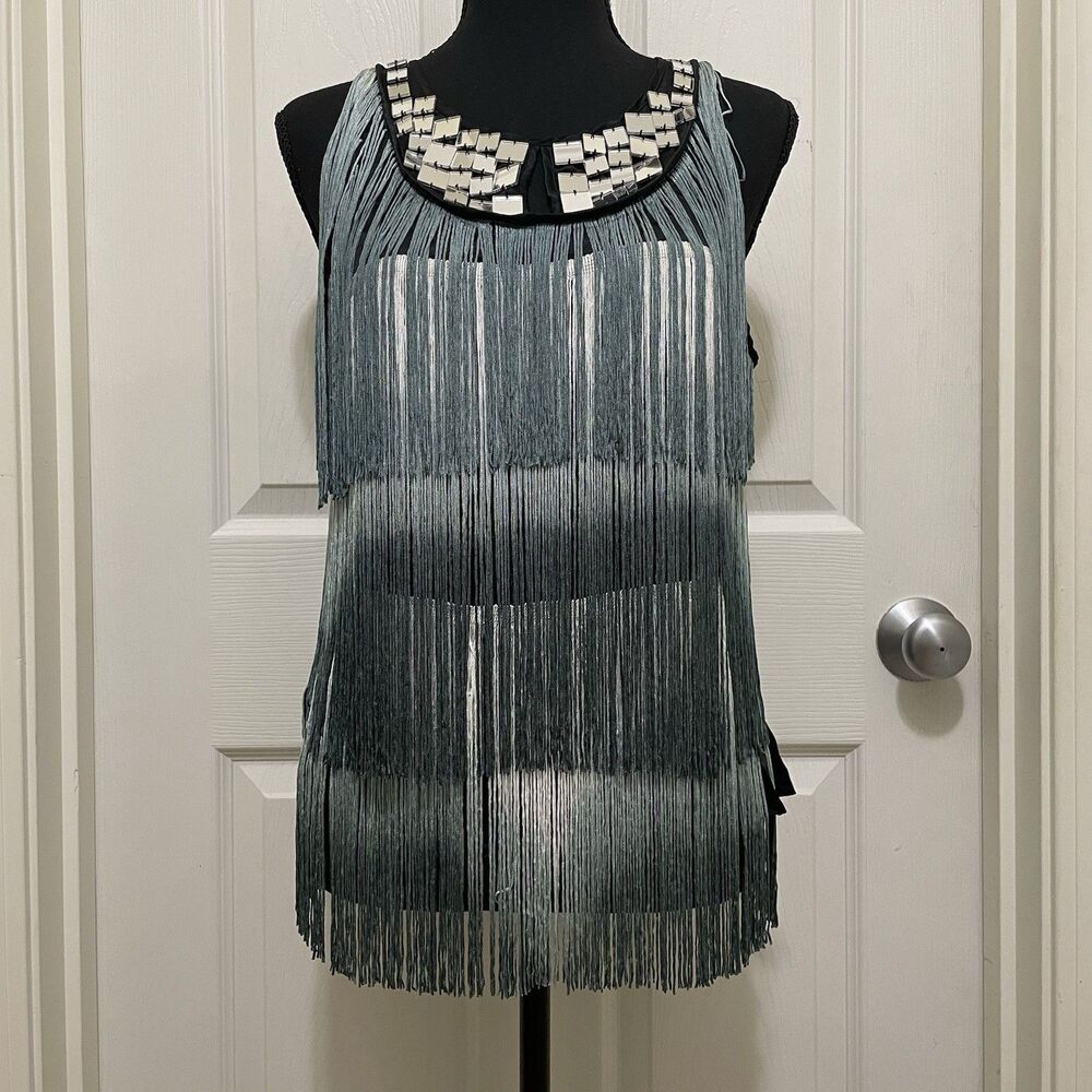 Vintage Bebe Silk Fringe Mirrorβ Yoke Tank Top Flapper Festival 90s NWT Medium